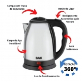 Chaleira Elétrica Inox 1,8 Litros Jarra Bule BAK Cor Prata