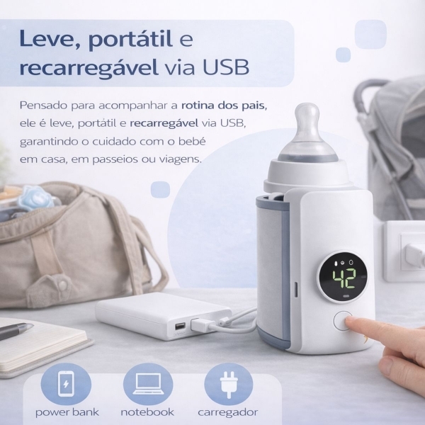 Aquecedor Mamadeira Portátil USB Recarregável com Visor LCD