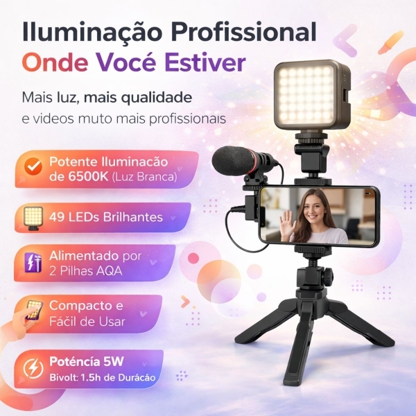 Kit Gravação 5 em 1 Tripé Microfone LED Controle Bluetooth