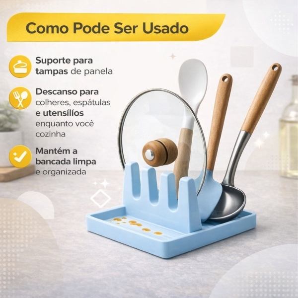 Suporte Descanso Tampa Panela Utensílios Organizador Cozinha - Azul